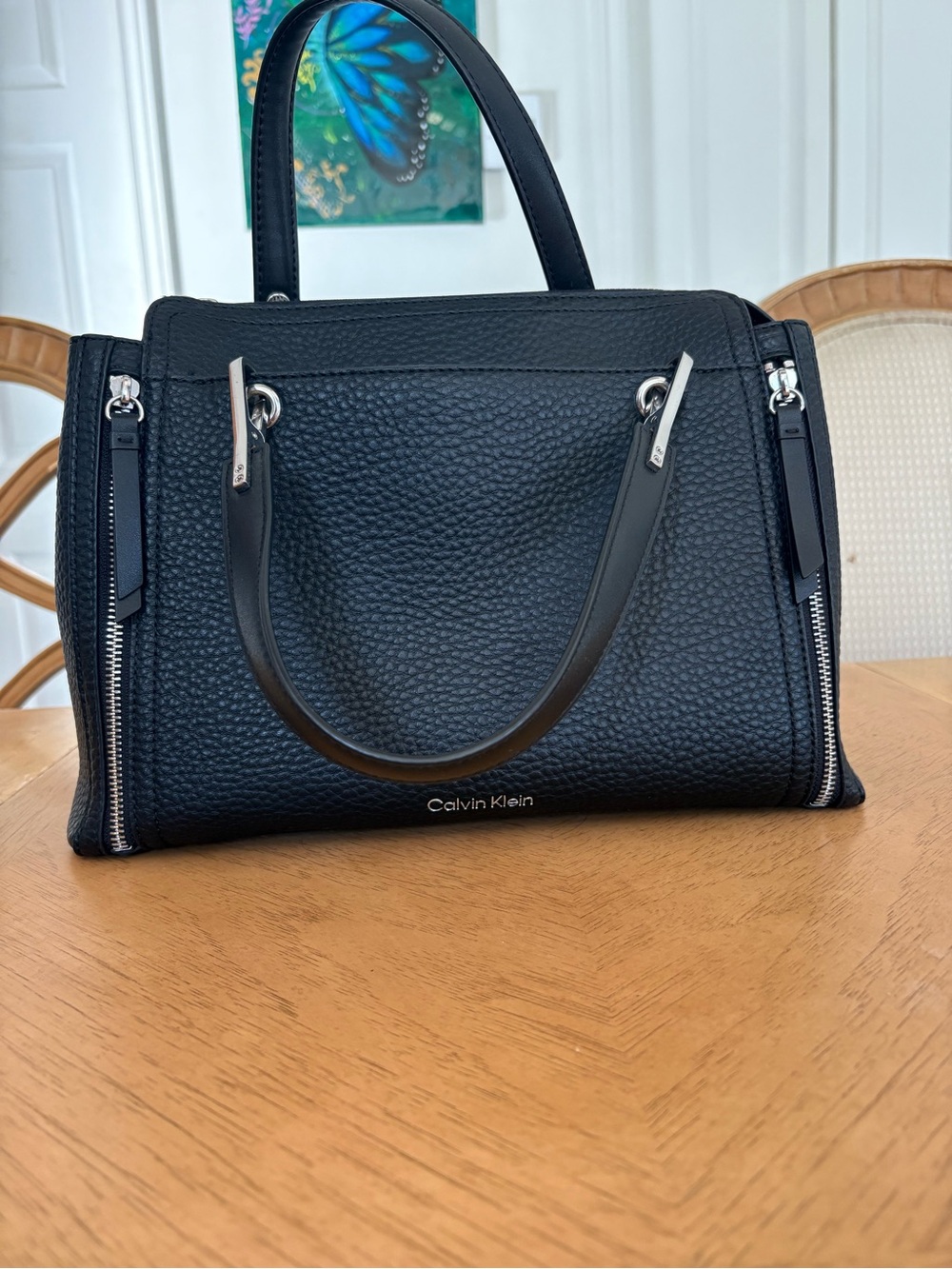 Calvin Klein Black Pebbled Handbag – Structured Satchel / Shoulder Bag
